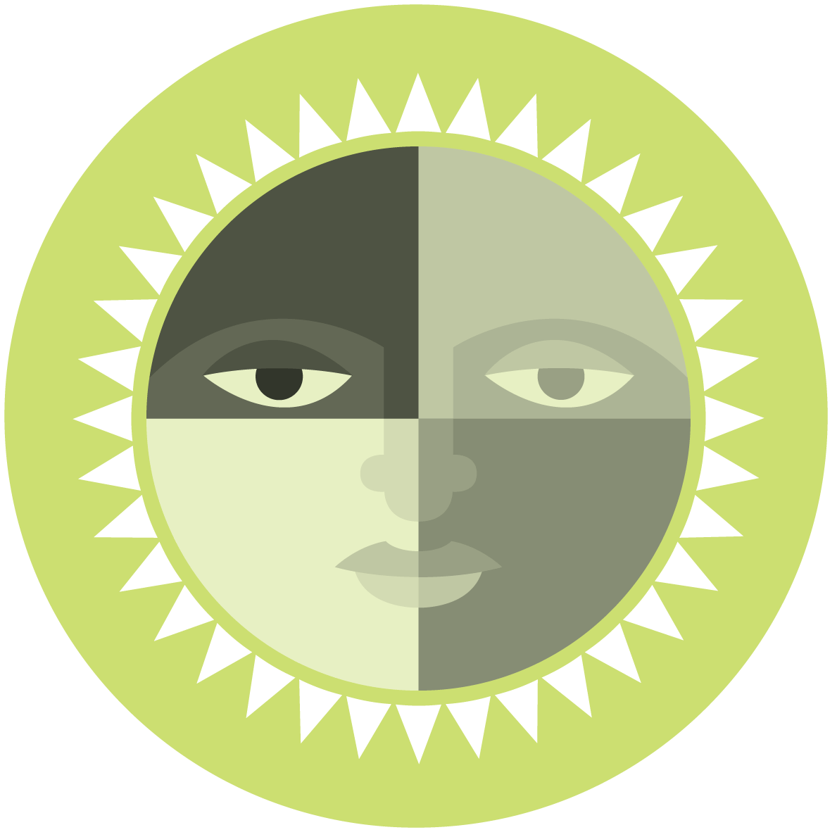 Diversity, Equity, and Inclusion image tile, sun with face on it and green background.
